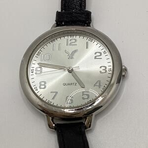 American Eagle Womens Silver Tone Black Leather Wrist Wrap Watch New Battery